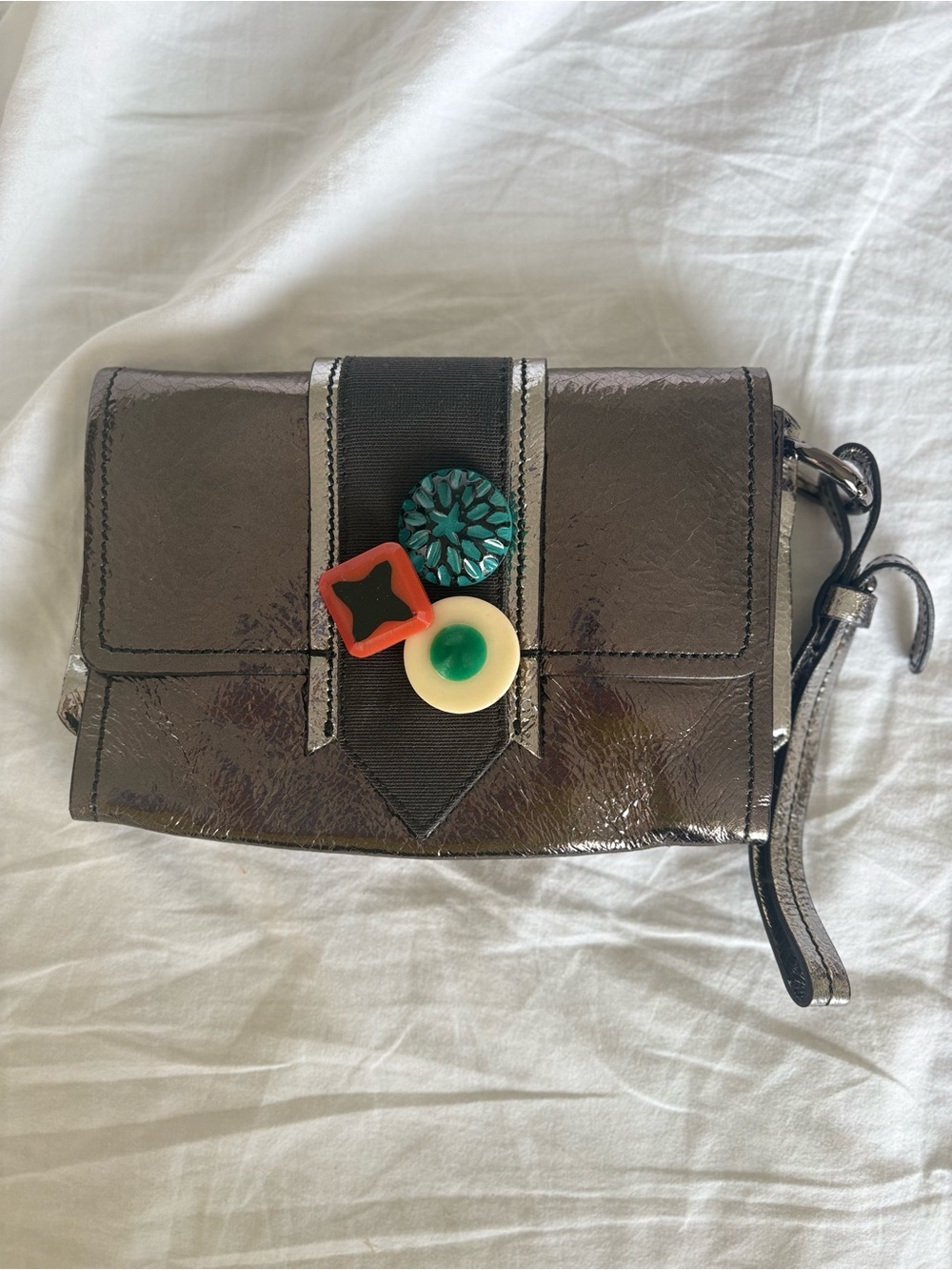Maliparmi Metallic Gunmetal Wristlet Clutch with Colorful Button Accents